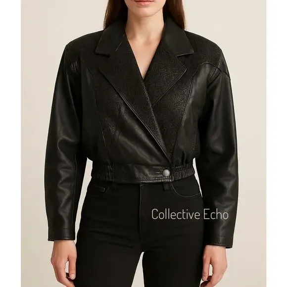 Vintage 80s Womens Black Leather Jacket Cropped Mob Wife Retro Moto Urban Medium - Picture 11 of 11